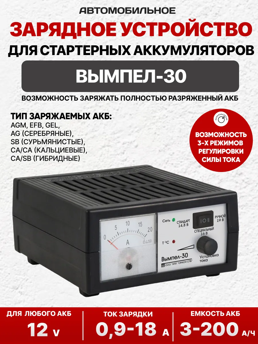  Зарядное устройство для акб "Вымпел-30" (0-20А,автомат,3-х режим,стрел амп) #