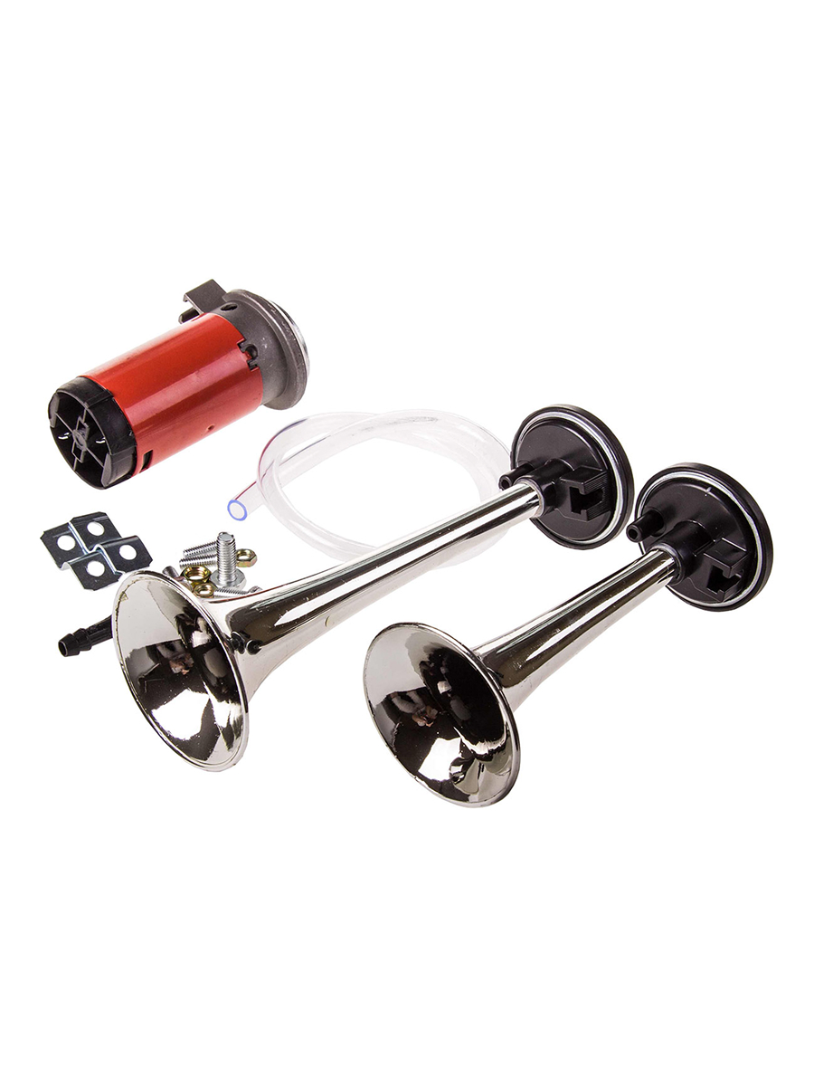  Сигнал звуковой SKYWAY 2 рожка 12V L=165/215мм 120dB пневматический 15А (053) хром