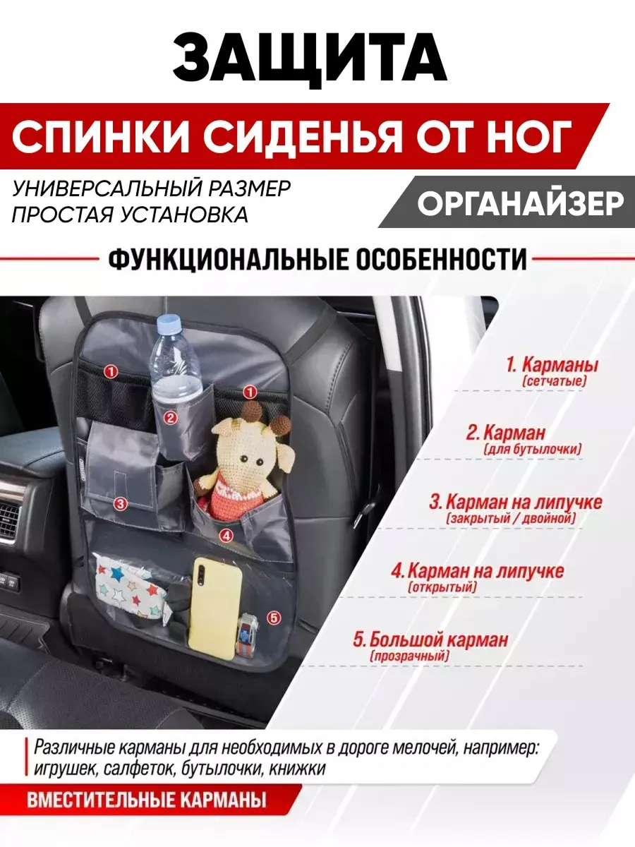  Защита спинки сиденья-органайзер SKYWAY ПВХ 7 карманов Серый