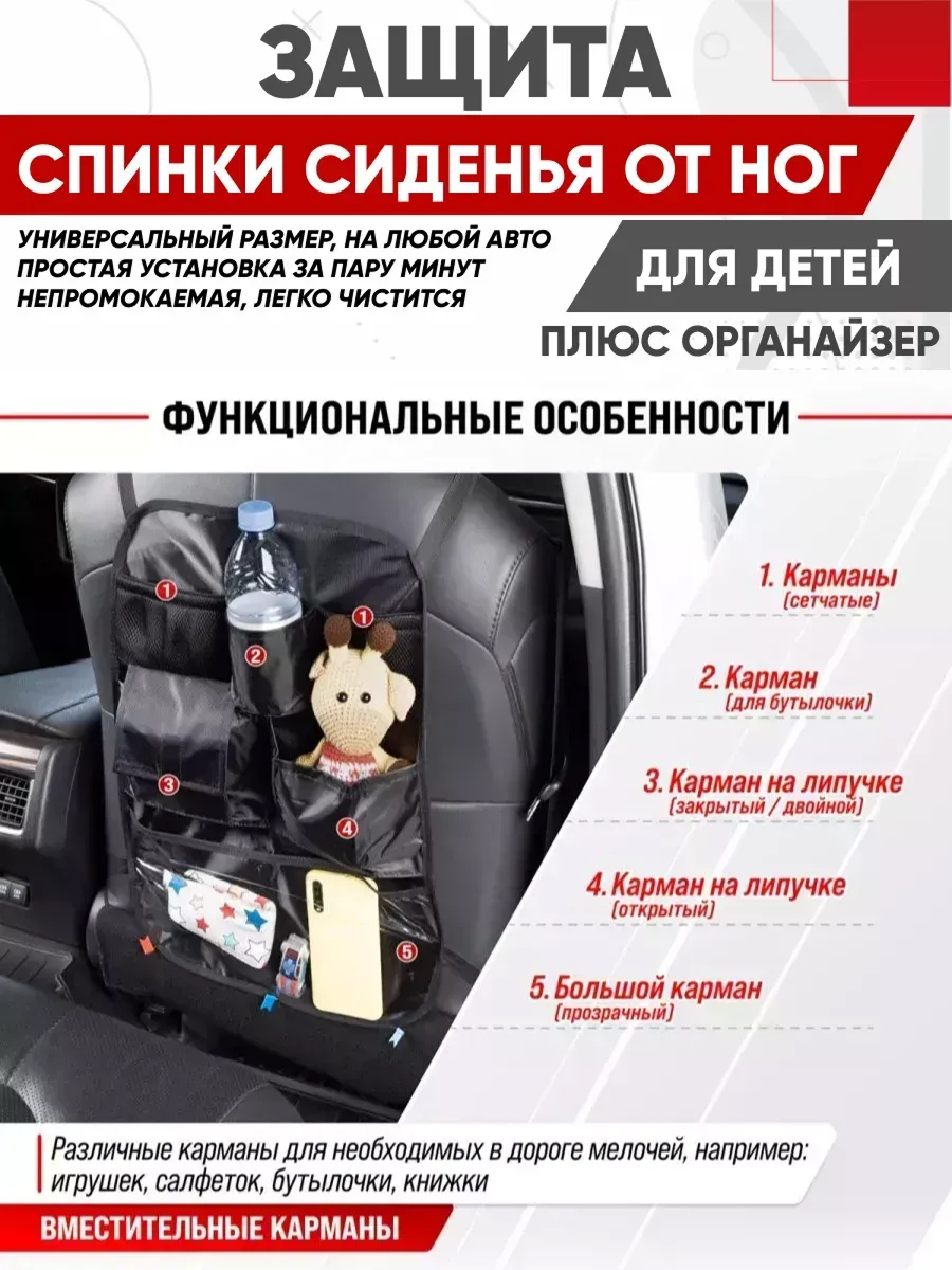  Защита спинки сиденья-органайзер SKYWAY ПВХ 7 карманов Черный #
