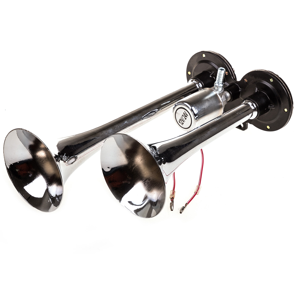  Сигнал звуковой SKYWAY 2 рожка воздушный 019 L=290/220мм 12/24V 120dB пневматический (металл, хром, (S07601065)